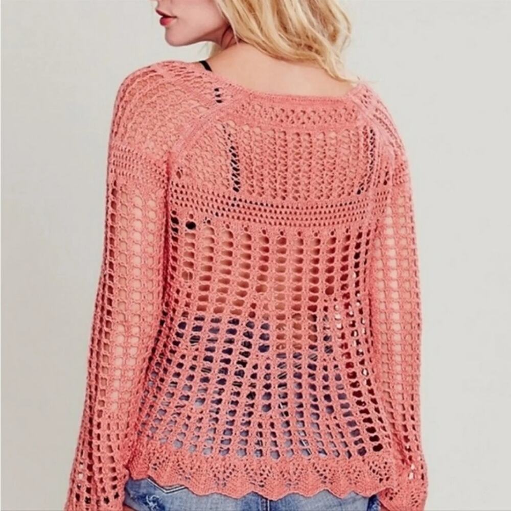 Free People Annabelle Crochet Pullover Fisherman Boho Sweater Coral Pink Medium - Picture 2 of 10